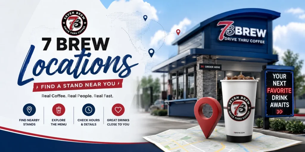 7 Brew locations near you banner with drive-thru coffee stand and location map.